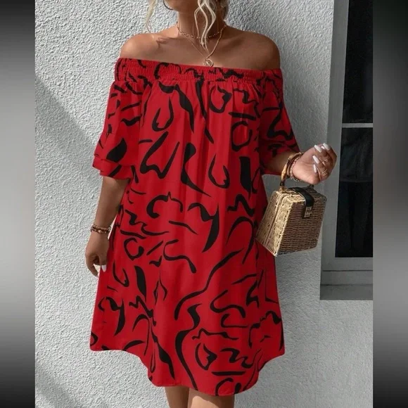 Boho plus size off shoulder flounce sleeve dress - Picture 7 of 12